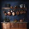 Kitchen interior with copper utensils on the shelf