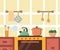 Kitchen interior with cupboard, stove, oven, teapot and utensils. Flat cartoon style vector illustration.