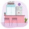 Kitchen interior fridge furniture chairs clock and potted plants design