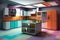 Kitchen interior with orange and blue furniture