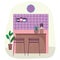 Kitchen interior tiled wall knives condiments bottles chairs clock and plants