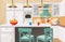 Kitchen interior in traditional design flat cartoon vector illustration. Cozy atmosphere, brick decorated wall, cute