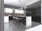 Kitchen island with three bar stools and round glass chandeliers in contemporary black and white kitchen