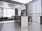 Kitchen island with three bar stools and round glass chandeliers in contemporary black and white kitchen