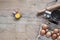 Kitchen items Metal Utensils Spoon Eggs on a wooden table. Cooking Baking Eggs Groceries Top View