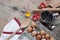 Kitchen items Metal Utensils Spoon Eggs on a wooden table. Cooking Baking Eggs Groceries Top View