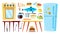 Kitchen Items Vector. Refrigerator, Table, Food, Tableware, Objects. Isolated Cartoon Illustration