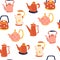 Kitchen Kettles seamless Pattern. Glass, electric and ceramic teapots. Utensil, scandinavian cooking background. Kitchenware. Hand