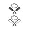 Kitchen knives or cleaver crossed, with chef cap black vector pictogram icon.