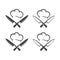 Kitchen knives or cleaver crossed, with chef cap black vector pictogram icon.