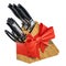 Kitchen knives with wooden block with red ribbon and bow. 3D ren