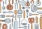 Kitchen knolling. Kitchenware sketch set. Doodle line vector utensils, tools and cutlery. Spatula, spoon, knife, sieve and