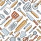 Kitchen knolling seamless pattern. Kitchenware sketch set. Doodle line vector utensils, tools and cutlery. Spatula, spoon, knife,