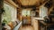 Kitchen and Living Room Inside of a Tiny Cabin House