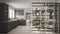 Kitchen living room shelving system foreground close-up, interior design concept, white and gray modern room open plan