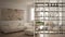 Kitchen living room shelving system foreground close-up, interior design concept, white modern room open plan in the background