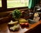 Kitchen of a log cabin where several fruits, vegetables and meat are seen