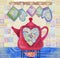 Kitchen love. Beautiful card with red teapot on the fire, hearts and potholders.