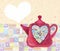 Kitchen love. Cute teapot with abstrack multicolored heart.