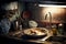 kitchen mess illuminated by small lamp in dirty grease-splattered sink with dirty dishes and rags