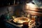 kitchen mess illuminated by small lamp in dirty grease-splattered sink with dirty dishes and rags