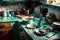 kitchen mess in kitchen with turquoise countertop on which stands mountain of dirty dishes and crumbs from food