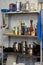 Kitchen metal shelfs with utensils, utensils and p