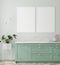 Kitchen in neo mint color, wall poster mock up