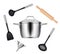 Kitchen objects. Realistic items for cooking food griddles pans knives forks ladles vector utensils