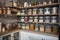 a kitchen with an organized and stylish pantry, featuring glass jars and metal containers