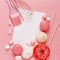 Kitchen pastry, confectionery and sweets on a pink background. Top view. Copy space