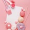 Kitchen pastry, confectionery and sweets on a pink background. Top view. Copy space