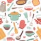 Kitchen pattern. Utensil, scandinavian cooking background. Kitchenware, kettle ceramic crockery. Catering textile vector