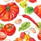 Kitchen pattern with vegetables - tomatoes, peppers, chilly, garlic. Seamless cooking background. Watercolor