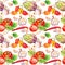 Kitchen pattern with vegetables - tomatoes, peppers, chilly, garlic. Seamless cooking background. Watercolor