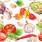 Kitchen pattern with vegetables - tomatoes, peppers, chilly, garlic. Seamless cooking background. Watercolor