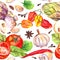 Kitchen pattern with vegetables - tomatoes, peppers, chilly, garlic. Seamless cooking background. Watercolor