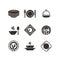 Kitchen plates and cutlery black silhouette icons. Chef and cooking emblems. Restaurant vector symbols isolated