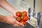 Kitchen porter washing tomatoes under running tap