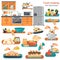 Kitchen and the process of cooking various dishes color flat illustrations set