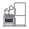 Kitchen,refrigerator, stove, kettle vector line icon, sign, illustration on background, editable strokes