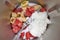 Kitchen robot interior with strawberries, banana and yogurt