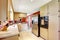 Kitchen room with bright red walls