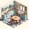 kitchen room isometric ,table, sink, owen, Generated AI