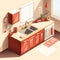 kitchen room isometric, table, sink and owen, Generated AI