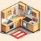 kitchen room isometric, table, sink, Owen, vector graphic, modern kitchen interior, AI generated