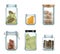 Kitchen seasoning. Spices in glass bottles and jar gourmet herbs for cooking vector natural products realistic set