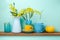 Kitchen shelf with flowers in vase and tableware