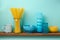 Kitchen shelf with pasta and dishes over blue retro background