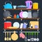 Kitchen shelves with cookware and cooking equipment flat vector concept